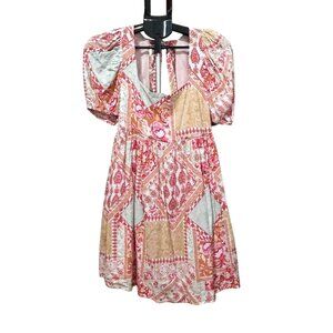 GUC Jacquie the Label Luisa Mini Dress Patchwork Puff Sleeve Tie Back Medium